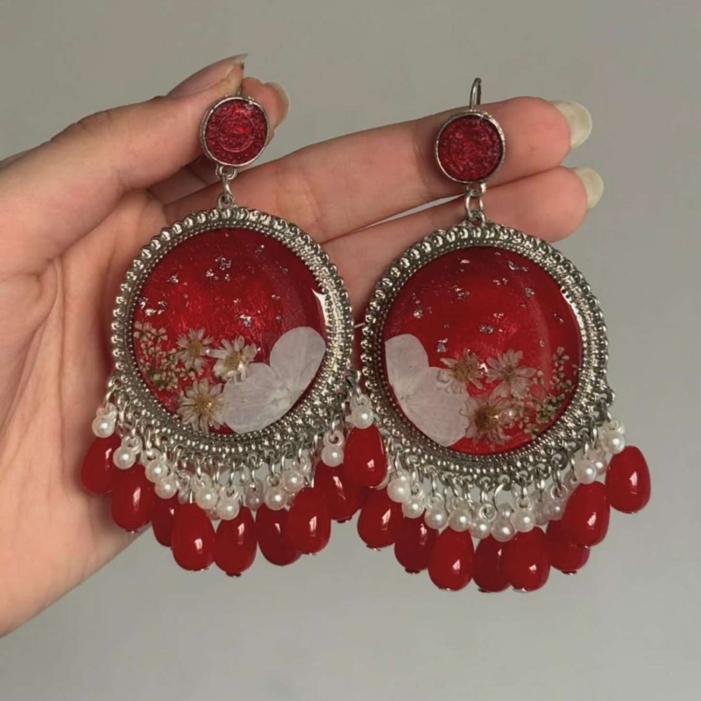 Red Earrings With Original Flowers